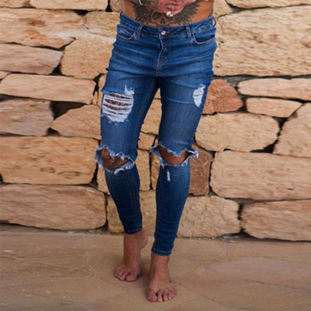 Skinny Distressed Ripped Jeans in Dark Blue