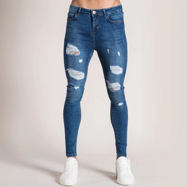 Skinny Jeans with Heavy Rips in Dark Blue