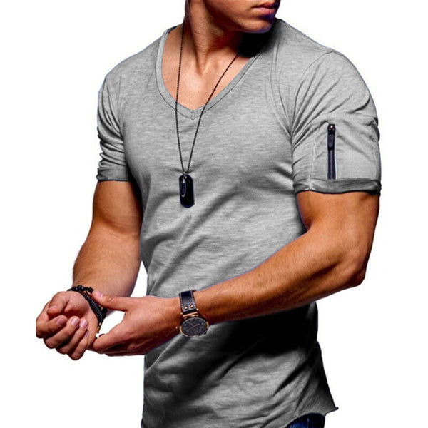 V-Neck T-Shirt in Grey with Zip