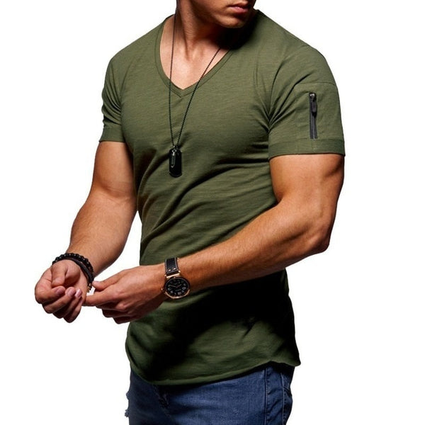 V-Neck T-Shirt in Green with Zip