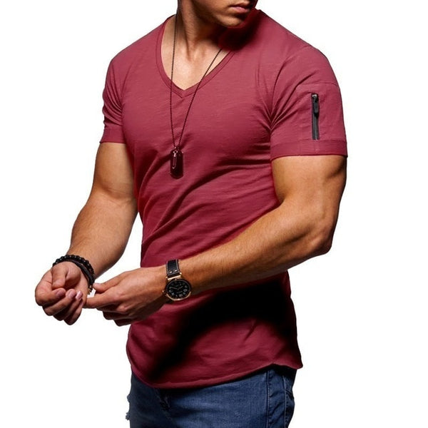 V-Neck T-Shirt in Red with Zip