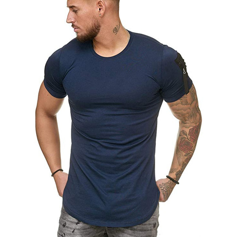 Muscle Fit T-Shirt with Zip Detail in Navy