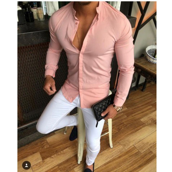 Slim Fit Grandad Shirt in Pink